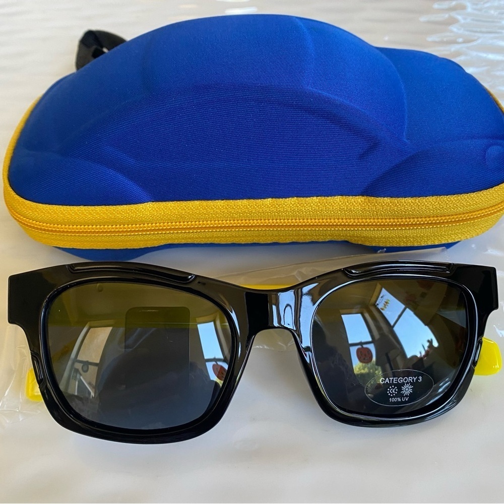 BOGO.  Black kids Sunglasses with Blue and Yellow Car Case NWOT